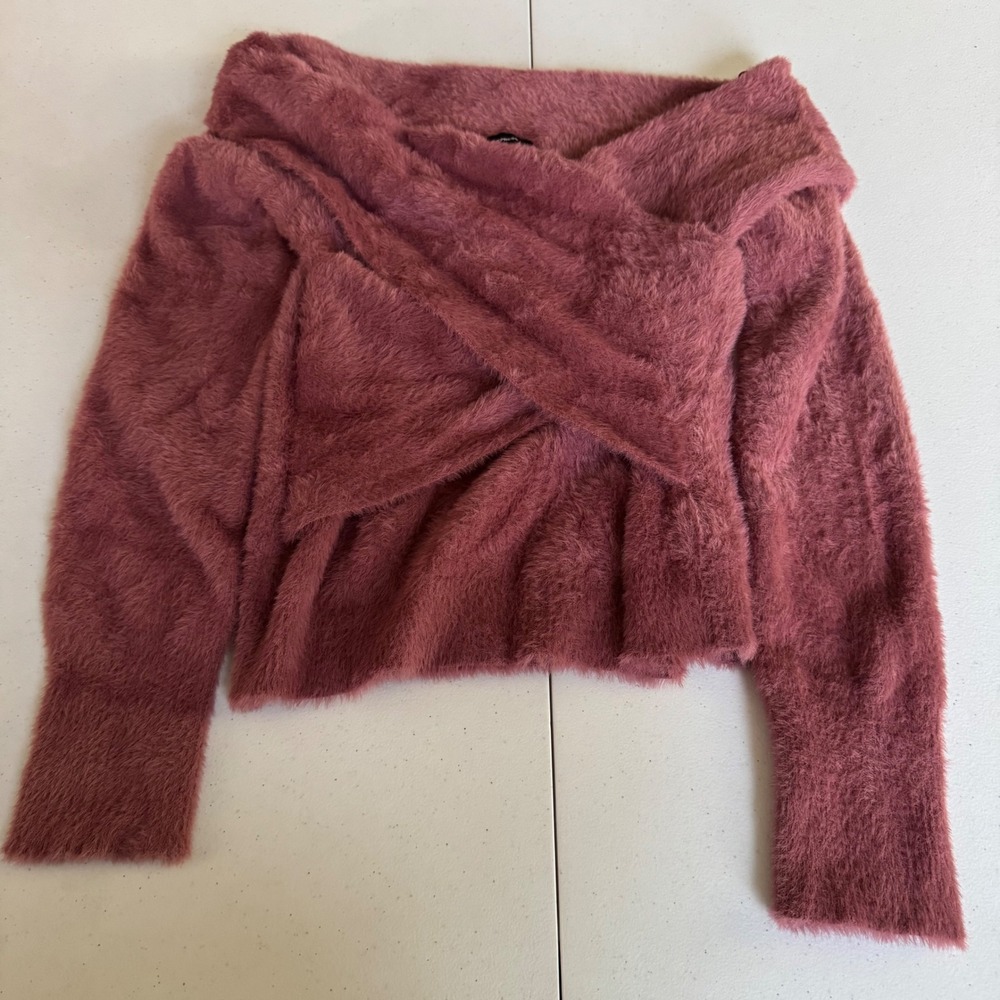 Fuzzy Eyelash Knit Off The Shoulder Surplice Sweater Women Medium Pink Mauve